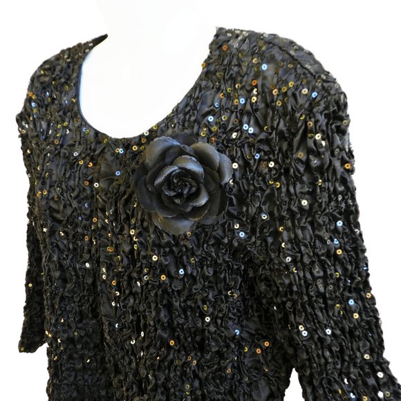 Vintage 90s Evening Jacket Crinkle Sequin Textured Popcorn Black Rose Brooch 2X - Picture 2 of 6
